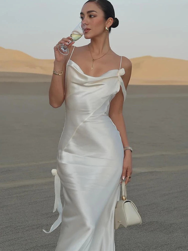 Amora - Elegant White Satin Backless Maxi Dress