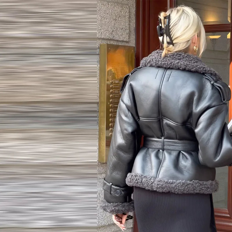 Grace - Leather Lamb Wool Coat with Belt
