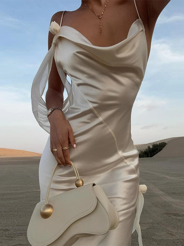 Amora - Elegant White Satin Backless Maxi Dress