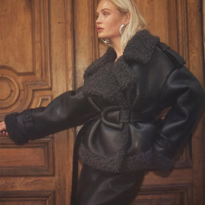 Grace - Leather Lamb Wool Coat with Belt