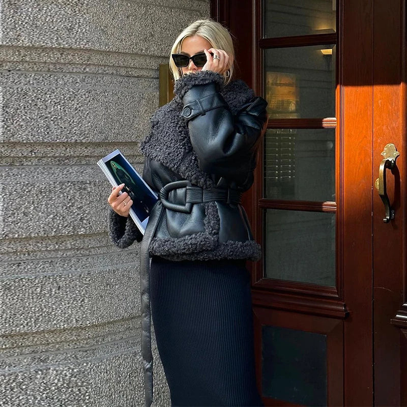 Grace - Leather Lamb Wool Coat with Belt