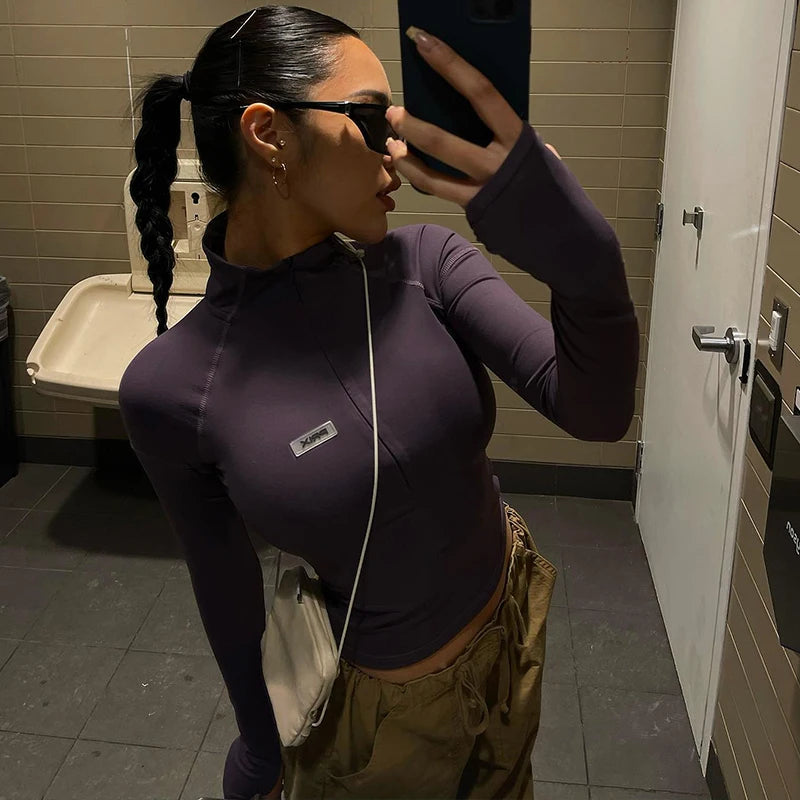 Mia - Stand Collar Zip Crop Top