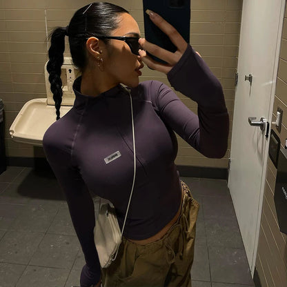 Mia - Stand Collar Zip Crop Top