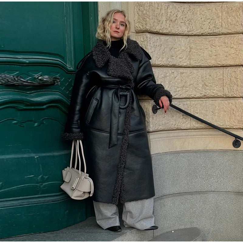 Grace - Leather Lamb Wool Coat with Belt