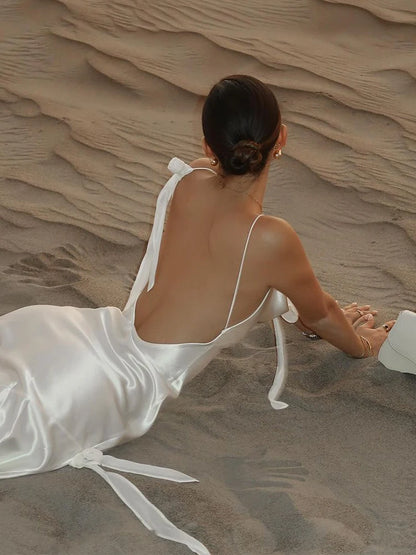 Amora - Elegant White Satin Backless Maxi Dress