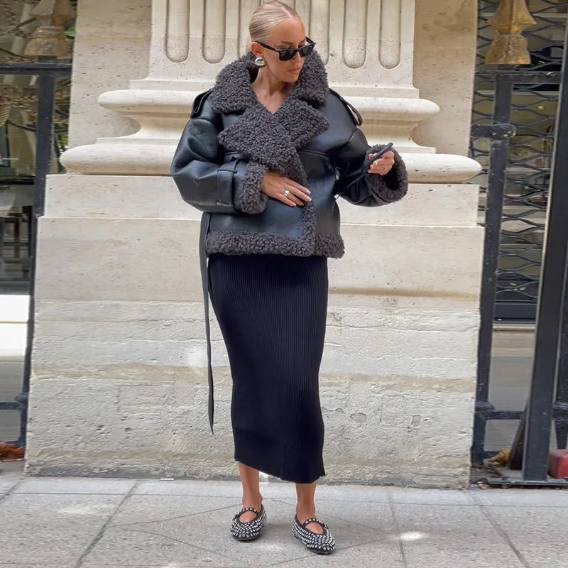 Grace - Leather Lamb Wool Coat with Belt