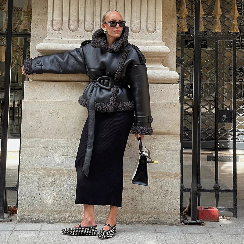 Grace - Leather Lamb Wool Coat with Belt